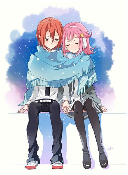 Anime picture 584x800 with houkago no pleiades subaru (houkago no pleiades) minato (houkago no pleiades) eihi tall image blush short hair sitting pink hair red hair head tilt shadow grey eyes holding hands sleeping shared scarf girl thighhighs boy hair ornament