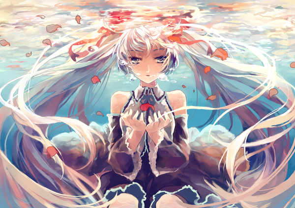 Anime picture 1402x992 with vocaloid hatsune miku zeko (artist) single twintails bare shoulders very long hair aqua eyes aqua hair underwater girl dress skirt detached sleeves petals bubble (bubbles) fish (fishes)