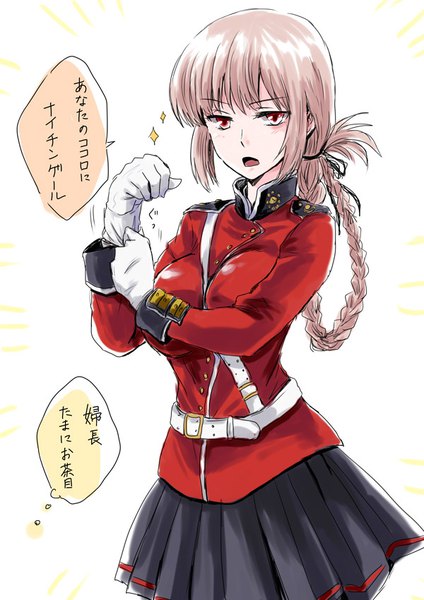 Anime picture 600x849 with fate (series) fate/grand order florence nightingale (fate) unya single long hair tall image looking at viewer fringe open mouth simple background red eyes white background payot pink hair braid (braids) pleated skirt hair rings military adjusting clothes