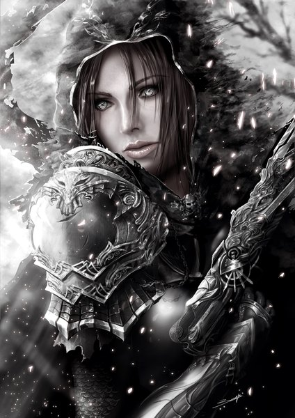 Anime picture 1600x2263 with original arist0te single tall image short hair brown hair signed looking away lips realistic grey eyes monochrome girl gloves weapon armor hood chain skull spaulder (spaulders)
