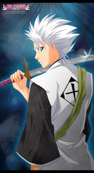 Anime picture 1687x3100 with bleach studio pierrot hitsugaya toushirou tofiqhuseynov single tall image short hair green eyes sky cloud (clouds) white hair traditional clothes japanese clothes profile looking back inscription coloring glowing glowing eye (eyes) logo