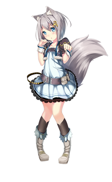 Anime picture 1024x1666 with original gendo0032 single tall image looking at viewer blush short hair blue eyes simple background white background animal ears tail animal tail wolf ears wolf tail wolf girl girl dress hair ornament socks