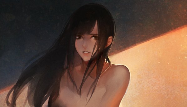 Anime picture 1280x731 with tayuya1130 single long hair looking at viewer fringe open mouth brown hair wide image bare shoulders brown eyes wind realistic teeth topless girl