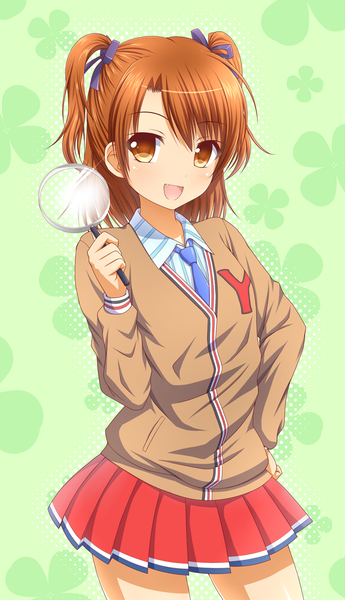 Anime picture 651x1130 with sister princess zexcs yotsuba (sister princess) kk-sk-ray single tall image looking at viewer short hair open mouth brown hair brown eyes two side up hand on hip green background girl skirt uniform school uniform red skirt magnifying glass