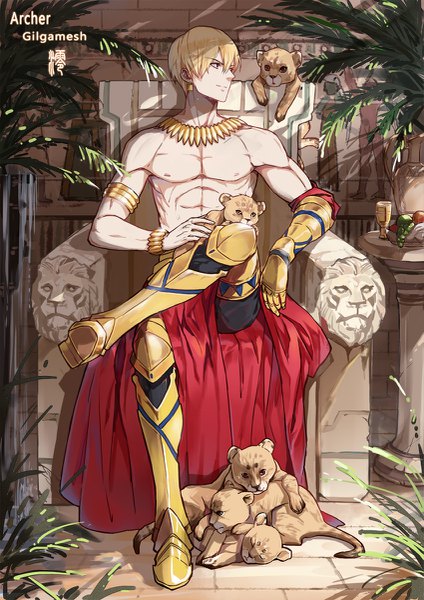Anime picture 849x1200 with fate (series) fate/stay night gilgamesh (fate) jun ling single tall image fringe short hair blonde hair smile hair between eyes sitting looking away bent knee (knees) character names muscle shirtless boy plant (plants) earrings