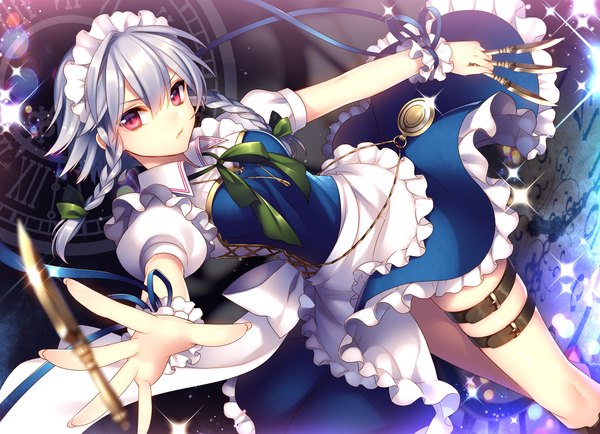 Anime picture 1100x797 with touhou izayoi sakuya masaru.jp single looking at viewer short hair red eyes silver hair braid (braids) fingernails maid twin braids outstretched arm long fingernails girl uniform ribbon (ribbons) weapon frills headdress