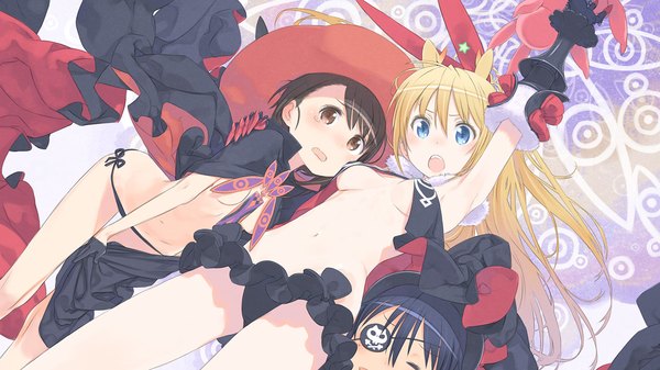 Anime picture 1920x1080 with nisekoi sekai seifuku shaft (studio) kirisaki chitoge onodera kosaki tsugumi seishirou kuroboshi kouhaku long hair blush highres short hair breasts blue eyes light erotic black hair blonde hair wide image multiple girls brown eyes cosplay