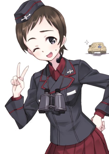 Anime picture 850x1200 with girls und panzer ritaiko matsuryuu single tall image looking at viewer blush short hair simple background brown hair white background one eye closed wink grey eyes sweat victory sweatdrop girl skirt hat