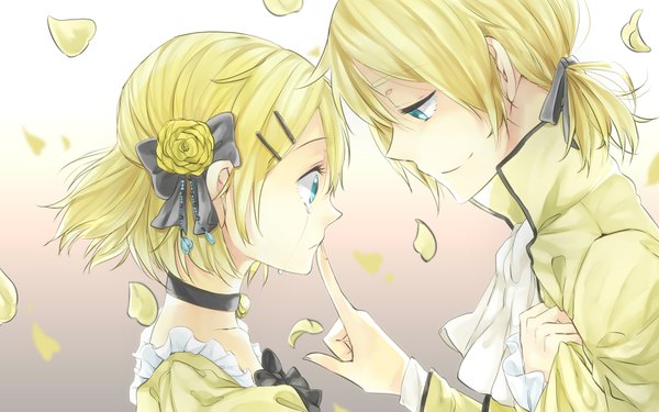 Anime picture 1920x1200 with vocaloid story of evil (vocaloid) kagamine rin kagamine len akatsuki kouya highres short hair simple background blonde hair smile profile hair flower aqua eyes wallpaper tears gradient background finger to mouth face to face twins brother and sister