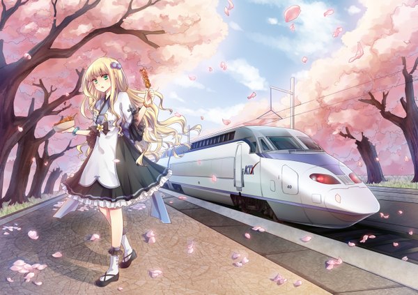 Anime picture 1414x999 with original pollia single long hair blush blonde hair green eyes cherry blossoms girl dress plant (plants) petals tree (trees) food train train station