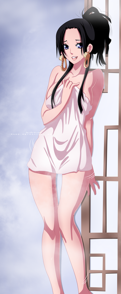 Anime picture 1500x3626 with one piece toei animation boa hancock wendytsq single long hair tall image looking at viewer breasts open mouth light erotic black hair standing purple eyes bare shoulders holding bare legs legs coloring alternate hairstyle