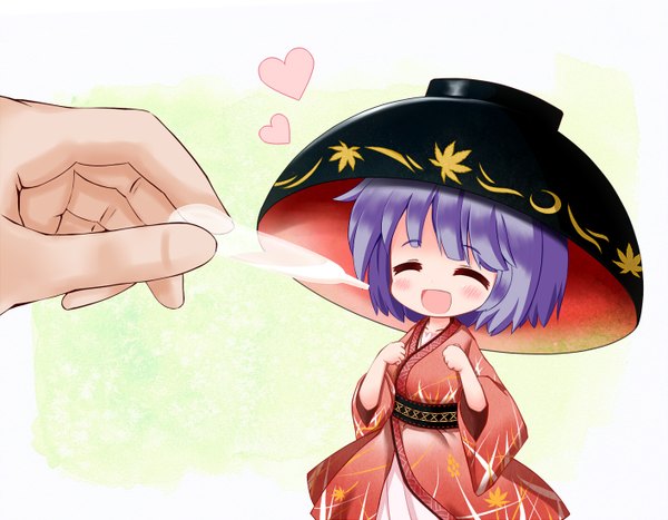 Anime picture 1413x1100 with touhou sukuna shinmyoumaru cocozasa (artist) blush short hair open mouth purple hair eyes closed traditional clothes japanese clothes chibi girl heart kimono hand bowl