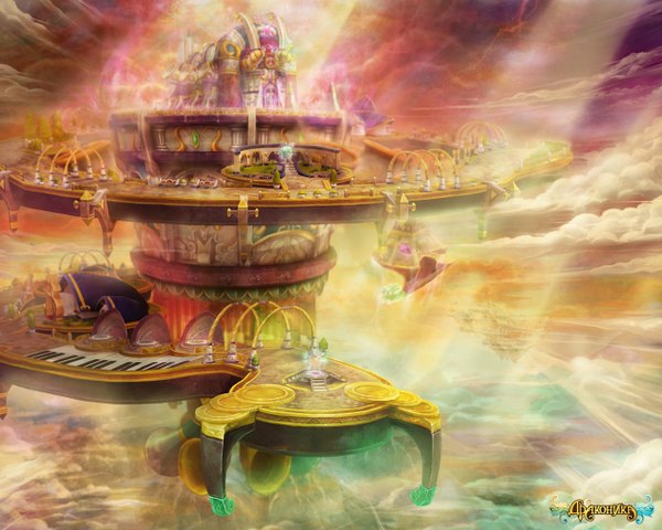 Anime picture 1280x1024 with dragonica online sky cloud (clouds) inscription landscape castle keyboard (instrument)