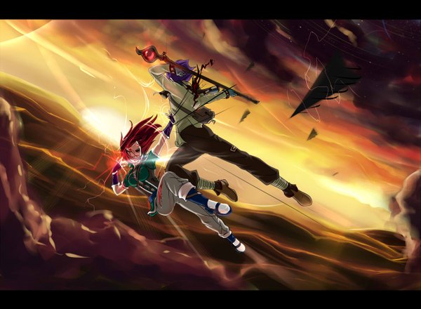 Anime picture 1363x1000 with slayers j.c. staff xelloss luna inverse djwaglmuffin long hair fringe short hair breasts open mouth large breasts sky purple hair cloud (clouds) bent knee (knees) red hair arms up outstretched arm evening sunset