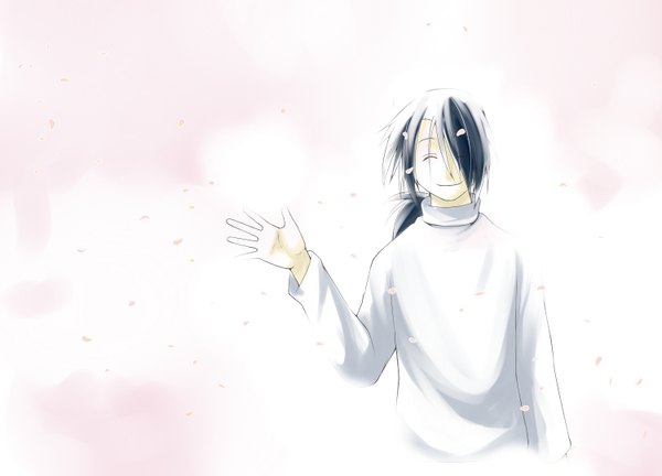 Anime picture 1500x1080 with kuwazi single long hair black hair simple background smile white background eyes closed boy petals