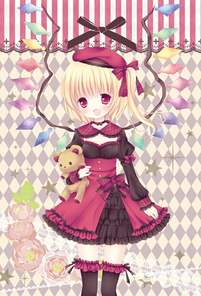 Anime picture 700x1029 with touhou flandre scarlet mizuse ruka tall image blush short hair open mouth blonde hair red eyes loli one side up girl thighhighs dress flower (flowers) black thighhighs wings frills toy beret