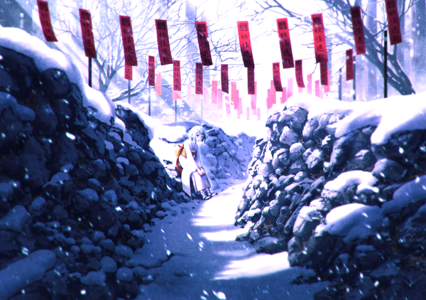 Anime picture 1127x794 with original mocha (cotton) single looking at viewer fringe short hair open mouth blue eyes outdoors white hair traditional clothes japanese clothes horn (horns) sunlight wide sleeves snowing winter snow sunbeam oni horns