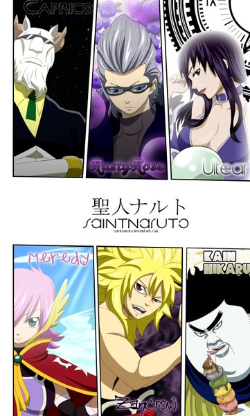 Anime picture 902x1500 with fairy tail ultear milkovich meredy (fairy tail) capricorn (fairy tail) sancrow rusty rose kain hikaru saintnaruto long hair tall image short hair breasts open mouth blue eyes light erotic black hair blonde hair red eyes pink hair sky