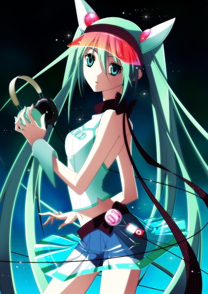 Anime picture 2490x3518 with vocaloid hatsune miku single long hair tall image highres twintails green eyes nail polish green hair girl bow shorts headphones cap wire (wires)