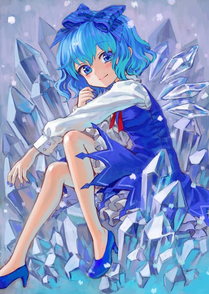 Anime picture 1052x1479 with touhou cirno ama-tou single tall image blush short hair blue eyes smile sitting blue hair nail polish snowing blue nail polish girl bow hair bow wings crystal ice