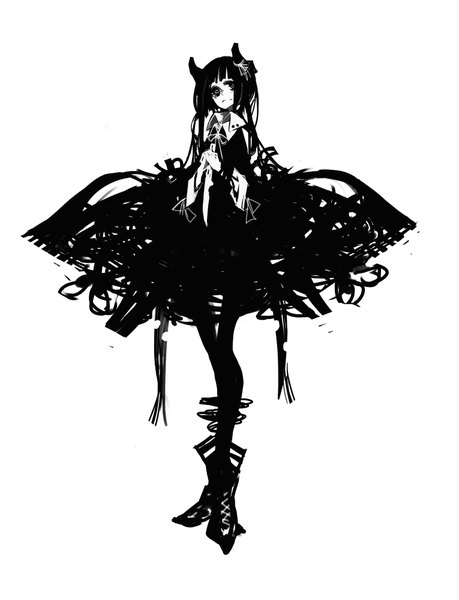 Anime picture 1529x2000 with original kiku (kicdoc) single tall image black hair simple background white background monochrome girl dress pantyhose boots