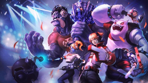 Anime picture 1920x1080 with league of legends ezreal (league of legends) orianna (league of legends) shen (league of legends) dr. mundo (league of legends) nunu (league of legends) looking at viewer fringe highres short hair smile red eyes wide image standing looking away ponytail horn (horns) orange hair open clothes open jacket