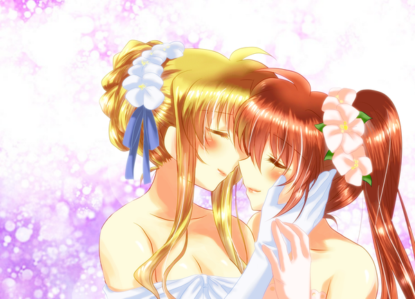 Anime picture 1146x828 with mahou shoujo lyrical nanoha mahou shoujo lyrical nanoha strikers fate testarossa takamachi nanoha nanashiki long hair blush blonde hair bare shoulders multiple girls red hair eyes closed hair flower shoujo ai almost kiss girl dress gloves hair ornament 2 girls