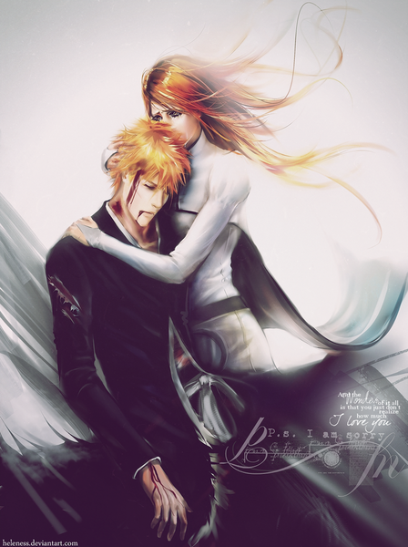 Anime picture 800x1071 with bleach studio pierrot kurosaki ichigo inoue orihime heleness long hair tall image short hair simple background yellow eyes eyes closed traditional clothes wind orange hair couple hug tears torn clothes text hand on head