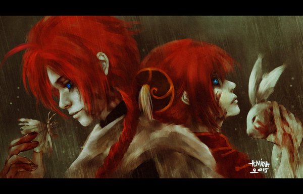 Anime picture 1400x900 with gintama sunrise (studio) kagura (gintama) kamui (gintama) nanfe long hair short hair blue eyes smile holding signed red hair braid (braids) realistic dated looking down dark background letterboxed looking up rain