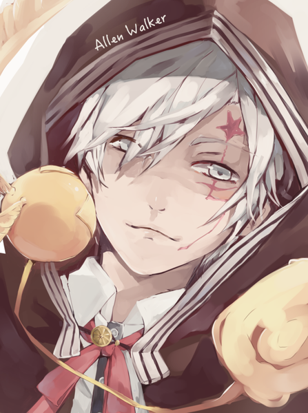 Anime picture 882x1182 with d.gray-man allen walker timcanpy ori (pixiv1532928) single tall image looking at viewer fringe short hair white hair lips grey eyes character names facial mark face boy ribbon (ribbons) shirt hood hoodie