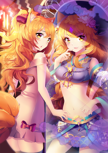 Anime picture 884x1250 with original squchan long hair tall image looking at viewer blush fringe light erotic blonde hair smile hair between eyes bare shoulders multiple girls signed animal ears yellow eyes tail animal tail looking back hair flower