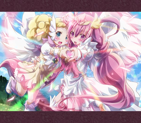 Anime picture 1600x1400 with precure smile precure! toei animation hoshizora miyuki cure happy candy (smile precure!) inoshishi (ikatomo) long hair blush open mouth blue eyes blonde hair purple eyes multiple girls purple hair heart hands girl dress 2 girls wings