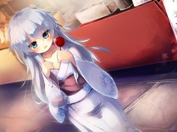 Anime picture 1600x1200 with kantai collection hibiki destroyer gengetsu chihiro single long hair looking at viewer blush fringe open mouth blue eyes standing holding silver hair traditional clothes japanese clothes grey hair wide sleeves loli alternate costume girl