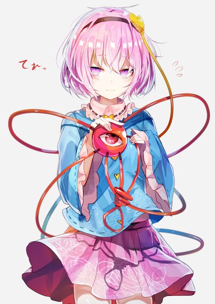 Anime picture 900x1272 with touhou komeiji satori nuudoru single tall image looking at viewer fringe short hair simple background hair between eyes purple eyes holding pink hair light smile grey background shadow girl skirt headband blouse