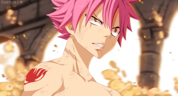Anime picture 1000x539 with fairy tail natsu dragneel tongasart single short hair wide image brown eyes pink hair tattoo grin coloring smoke muscle boy pillar column