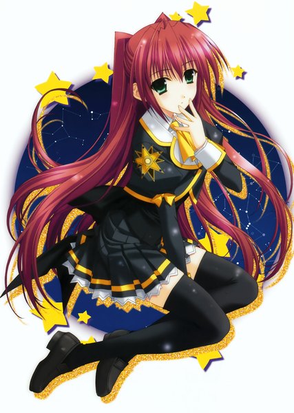 Anime picture 2617x3680 with stellar theater izumi sora kimizuka aoi long hair tall image highres green eyes red hair constellation girl thighhighs black thighhighs serafuku star (symbol) star (stars)