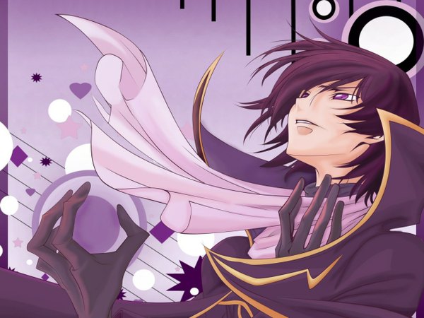 Anime picture 1280x960 with code geass sunrise (studio) lelouch lamperouge single short hair purple eyes purple hair upper body parted lips wind looking up purple background boy gloves black gloves heart