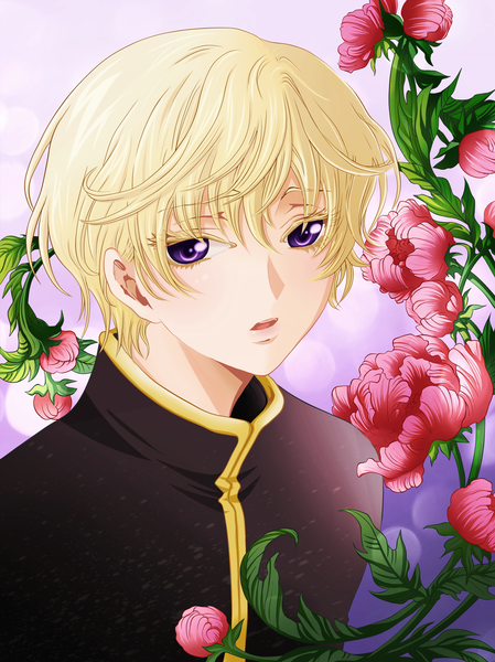 Anime picture 1000x1336 with gate 7 tokugawa iemitsu hao-hime single tall image short hair open mouth blonde hair purple eyes coloring portrait face boy flower (flowers)