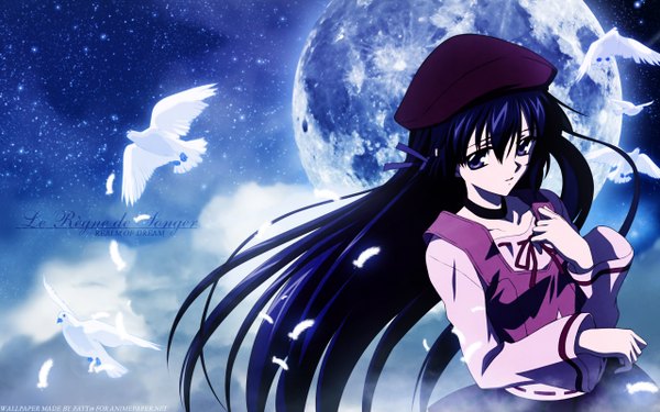 Anime picture 2560x1600 with sola shihou matsuri single long hair highres hair between eyes wide image purple eyes blue hair from above wallpaper text english girl animal choker bird (birds) moon feather (feathers) beret