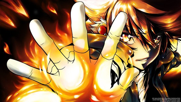 Anime picture 1600x900 with katekyou hitman reborn sawada tsunayoshi single looking at viewer fringe short hair hair between eyes brown hair wide image signed parted lips orange eyes outstretched arm magic close-up boy flame hand