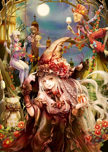 Anime picture 644x900 with original amajita long hair tall image looking at viewer yellow eyes white hair halloween witch skeleton girl dress flower (flowers) hat animal bird (birds) moon witch hat owl