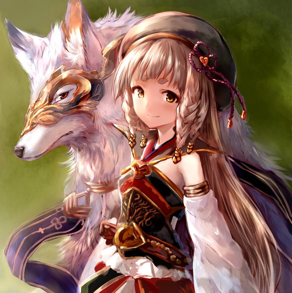 Anime picture 2000x2014 with granblue fantasy pholia akutaku (granblue fantasy) suke long hair tall image looking at viewer blush highres blonde hair smile red eyes yellow eyes upper body braid (braids) eyebrows girl dress detached sleeves animal