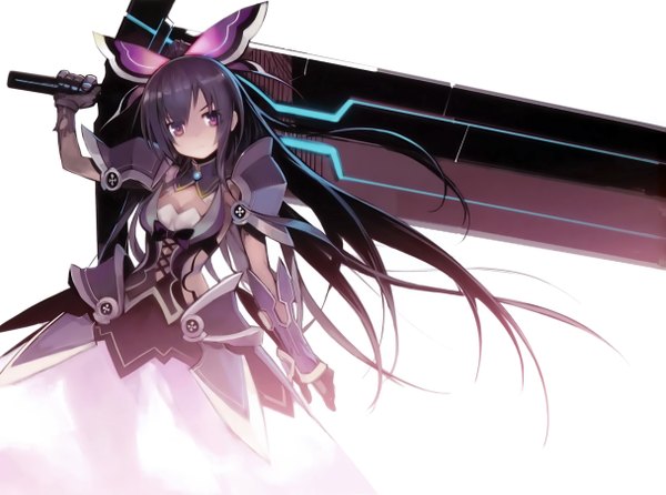 Anime picture 4860x3616 with date a live yatogami tooka namaniku atk single long hair looking at viewer fringe highres black hair simple background standing white background absurdres pink eyes girl gloves weapon black gloves armor huge weapon