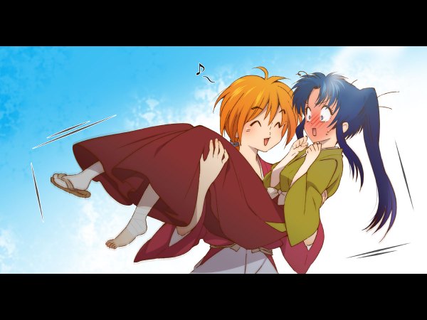 Anime picture 1200x900 with rurouni kenshin himura kenshin kamiya kaoru yukimitsuki long hair blush open mouth blue hair ponytail eyes closed traditional clothes japanese clothes barefoot orange hair couple carrying princess carry girl boy hakama