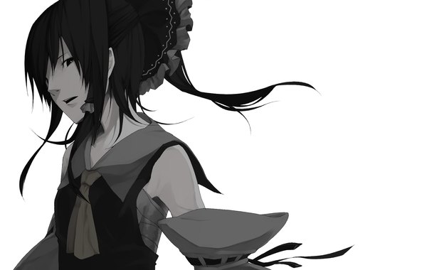 Anime picture 1902x1206 with touhou hakurei reimu haruba negi single long hair looking at viewer highres open mouth black hair simple background white background ponytail black eyes monochrome girl bow hair bow detached sleeves frills