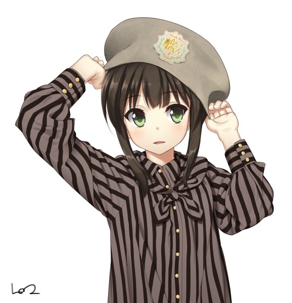 Anime picture 940x975 with kantai collection fubuki destroyer lo (rogu ryouiki) single tall image blush fringe short hair black hair simple background white background green eyes signed looking away parted lips arms up striped adjusting hat adjusting clothes girl