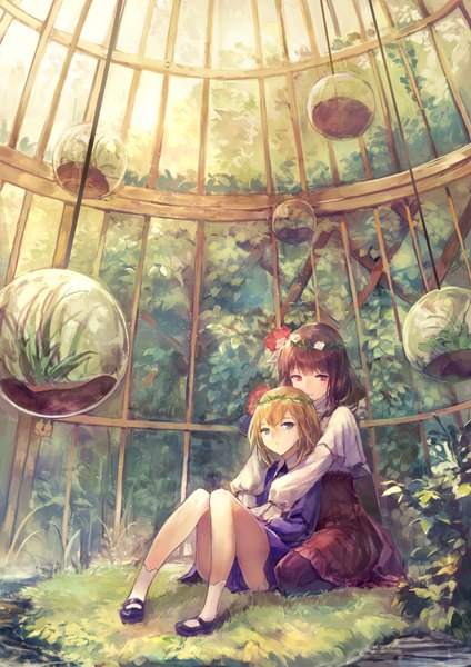 Anime picture 1240x1754 with original kobuta tall image looking at viewer fringe short hair blue eyes blonde hair red eyes brown hair sitting multiple girls full body pointy ears blurry puffy sleeves hug kneeling light hug from behind