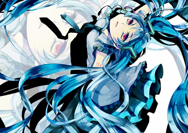 Anime picture 1165x826 with vocaloid hatsune miku long hair red eyes twintails blue hair looking up zoom layer girl detached sleeves necktie