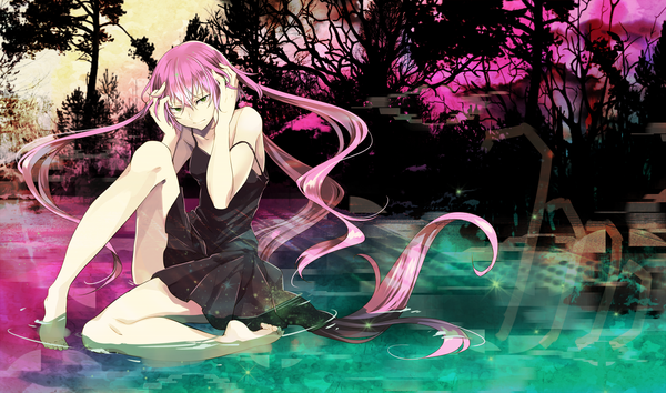 Anime picture 1500x885 with utau toudou charo single looking at viewer wide image yellow eyes pink hair very long hair barefoot bare legs girl water sundress