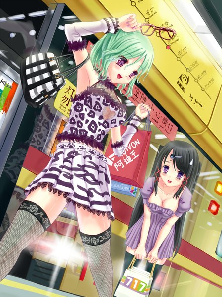 Anime picture 1350x1800 with original yurina (artist) long hair tall image blush short hair open mouth black hair purple eyes multiple girls green hair girl thighhighs dress black thighhighs 2 girls bag